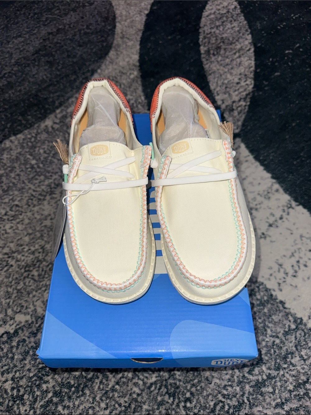 Women Hey Dude Casual Canvas Slip-On Shoes in Cream with Pastel Stitching